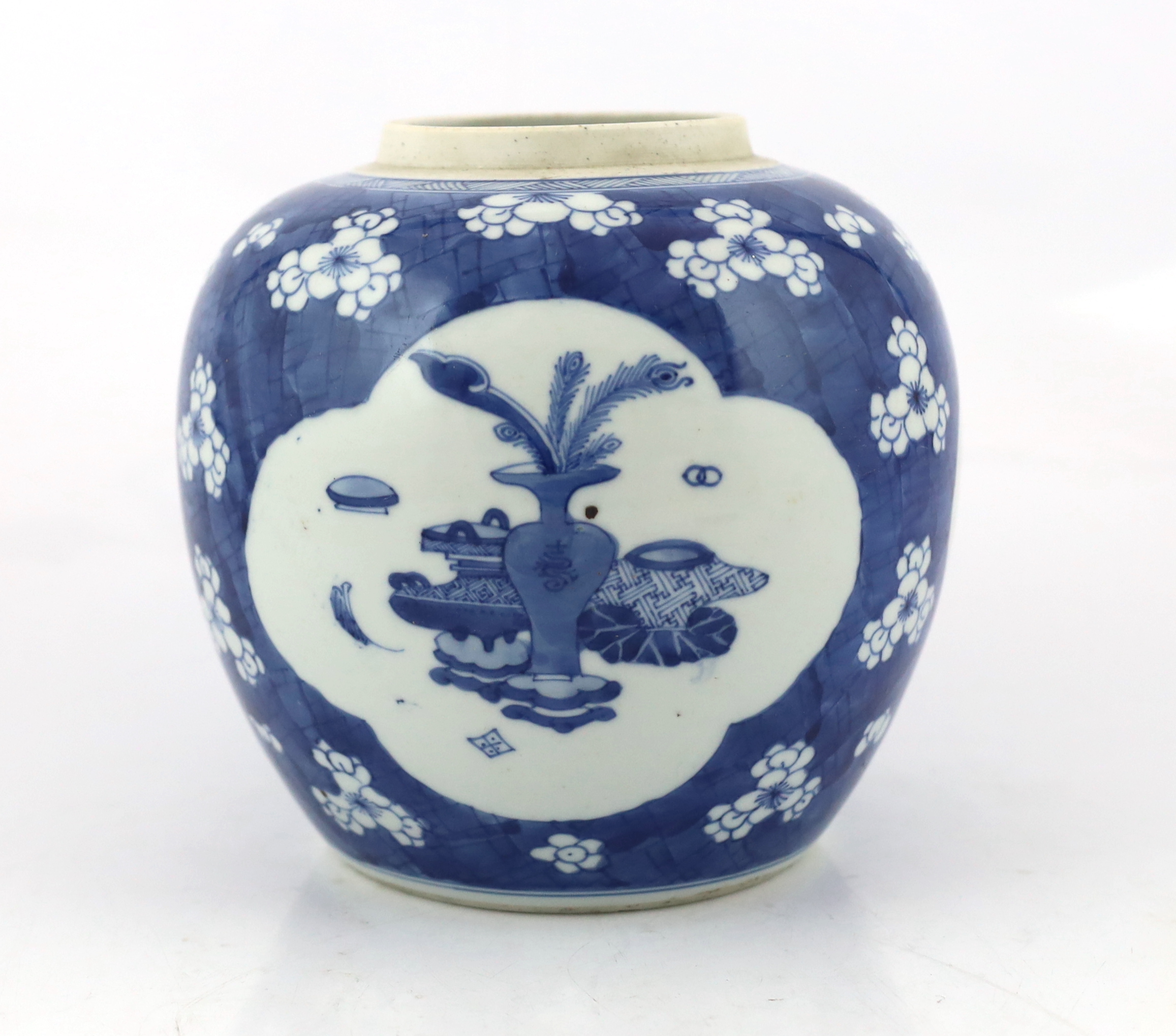 A Chinese blue and white ‘Antiques’ jar, Kangxi period, minor restoration to rim